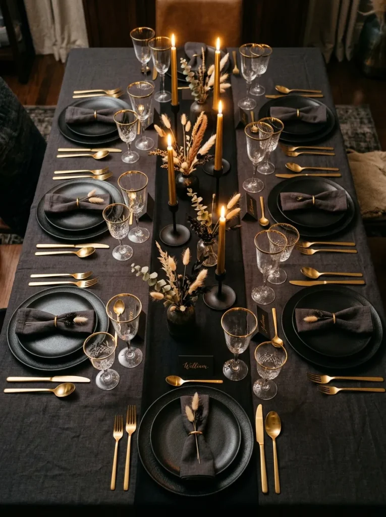 Elegant Black and Gold Dinner Tablescape