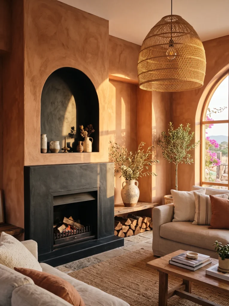 Black plaster fireplace with an arched niche against terracotta walls