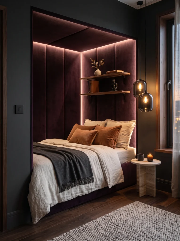 blackberry velvet recessed niche with LED backlighting and copper accent pillows
