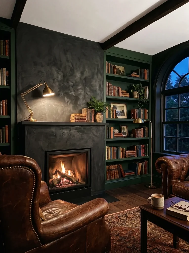 Blackened plaster fireplace under a raw plaster ceiling in a dark academia study