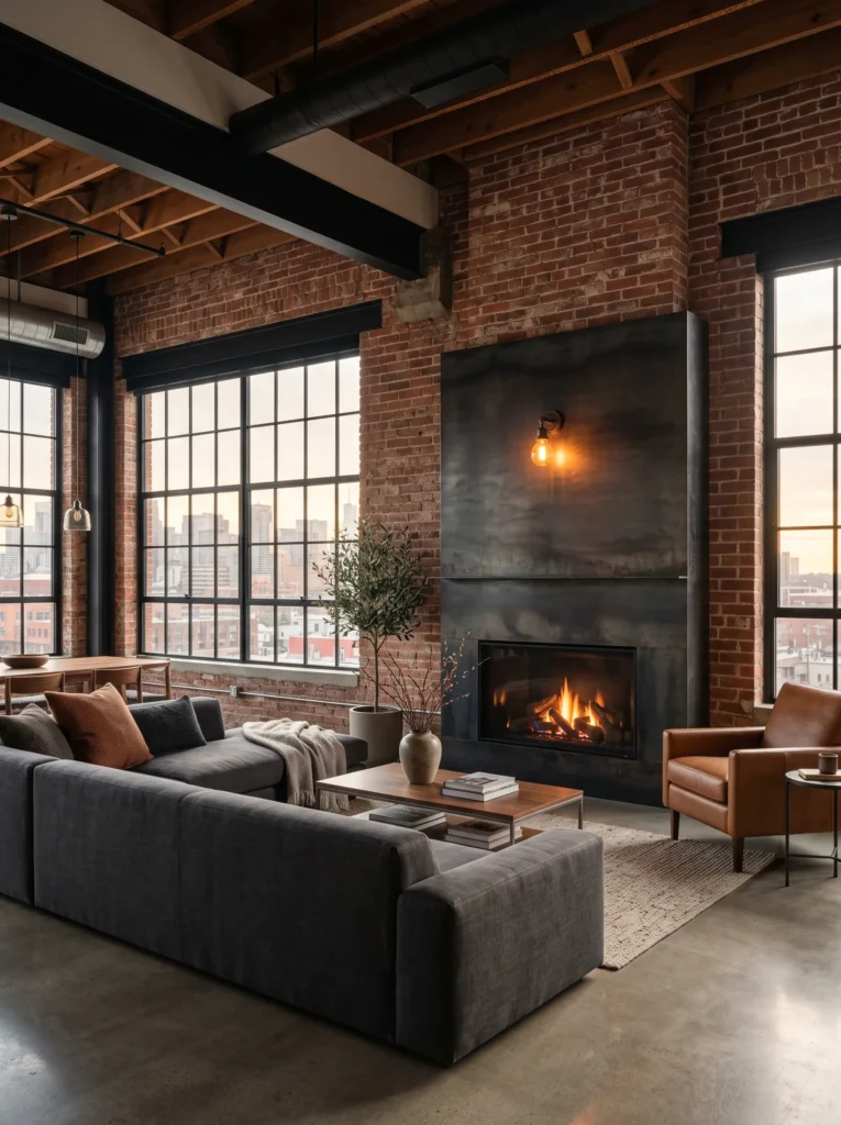 Blackened steel fireplace surround in an industrial loft living room