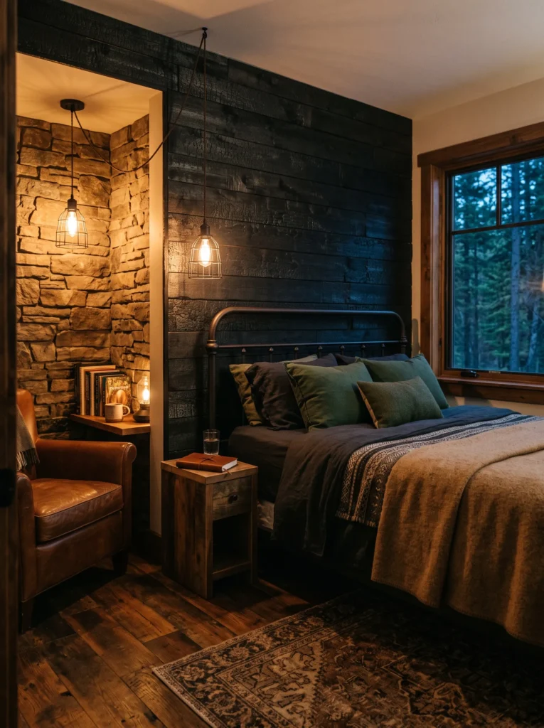 Blackened cedar accent wall in a cabin-style masculine bedroom