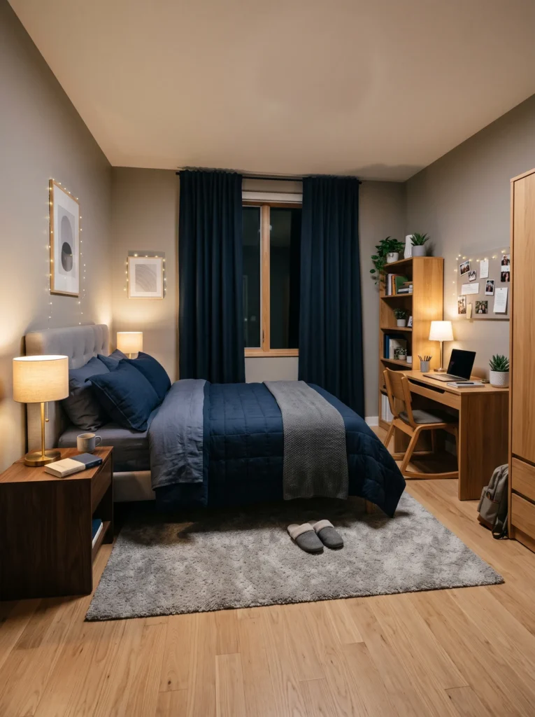 Dorm bedroom with blackout curtains, deep navy bedding, and warm bedside lamp — cozy dorm room ideas for guys.
