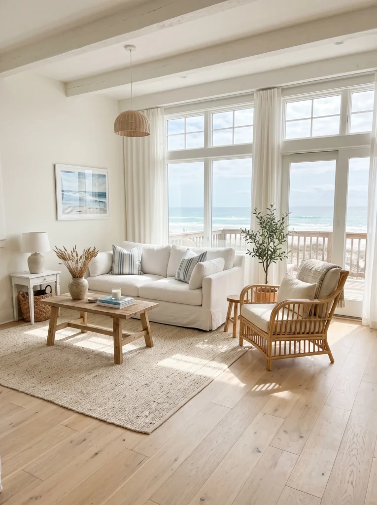 Wide-plank bleached wood flooring in a bright coastal living room