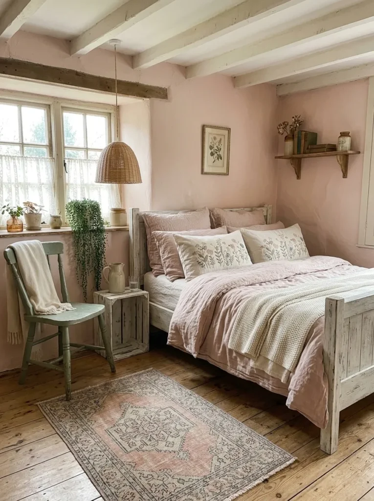 Blush linen cottage bedroom with weathered wood bed frame and embroidered pillowcases