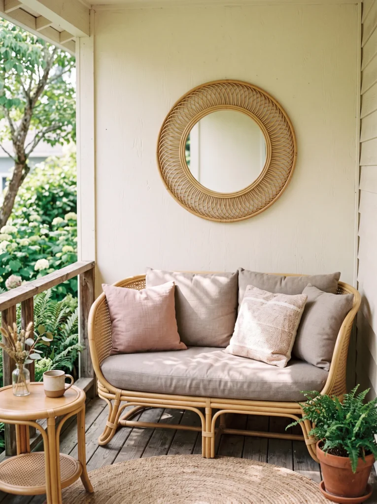 Curved rattan loveseat in blush tones with a round rattan mirror above
