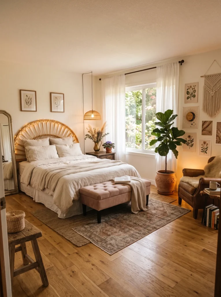 Blush pink and rattan feminine boho bedroom with fairy-light headboard and velvet bench"