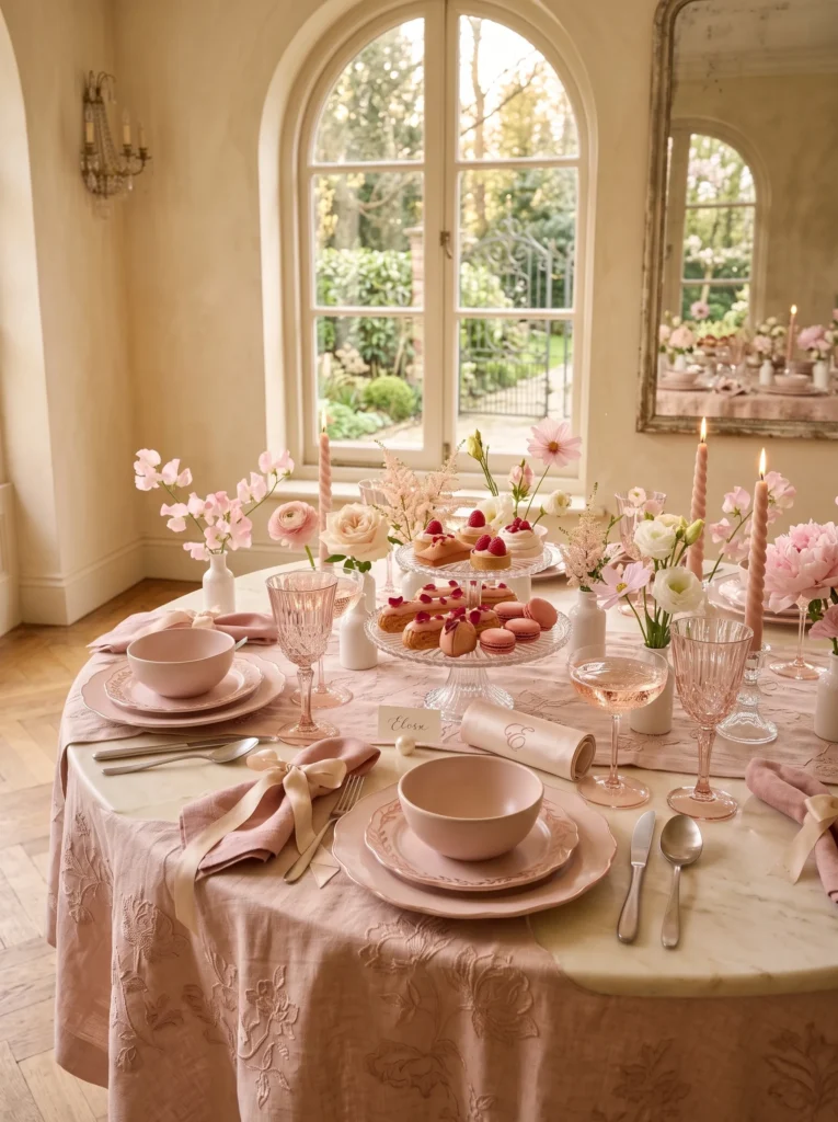 Layered blush and rose quartz table setting with crystal goblets and pastel florals