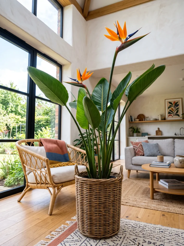 Bird of paradise with orange-blue crane-shaped bloom in a tall woven basket in a sunlit living room