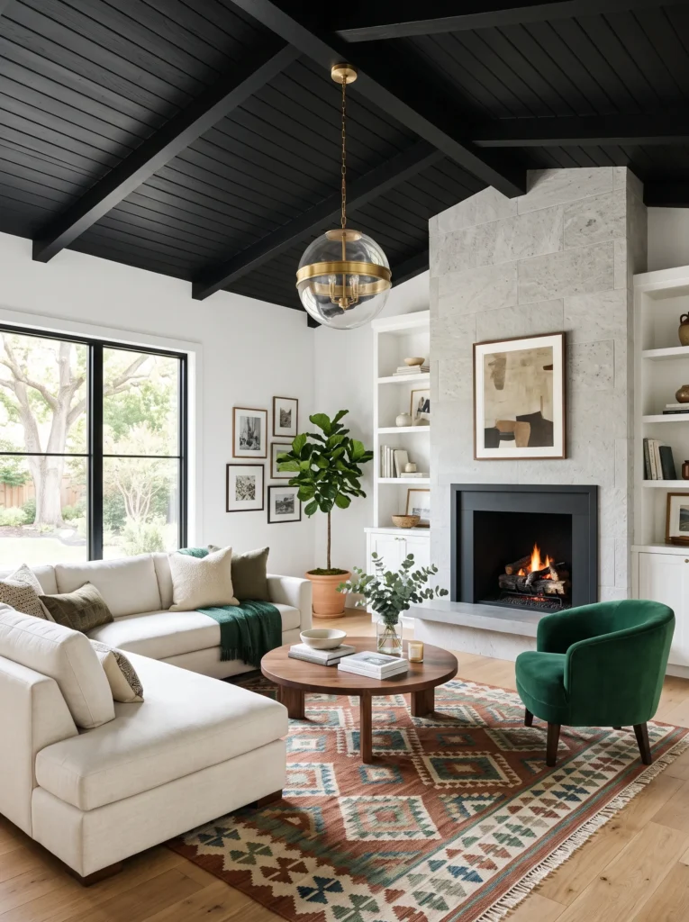matte black tongue-and-groove ceiling above a light gray stone fireplace
