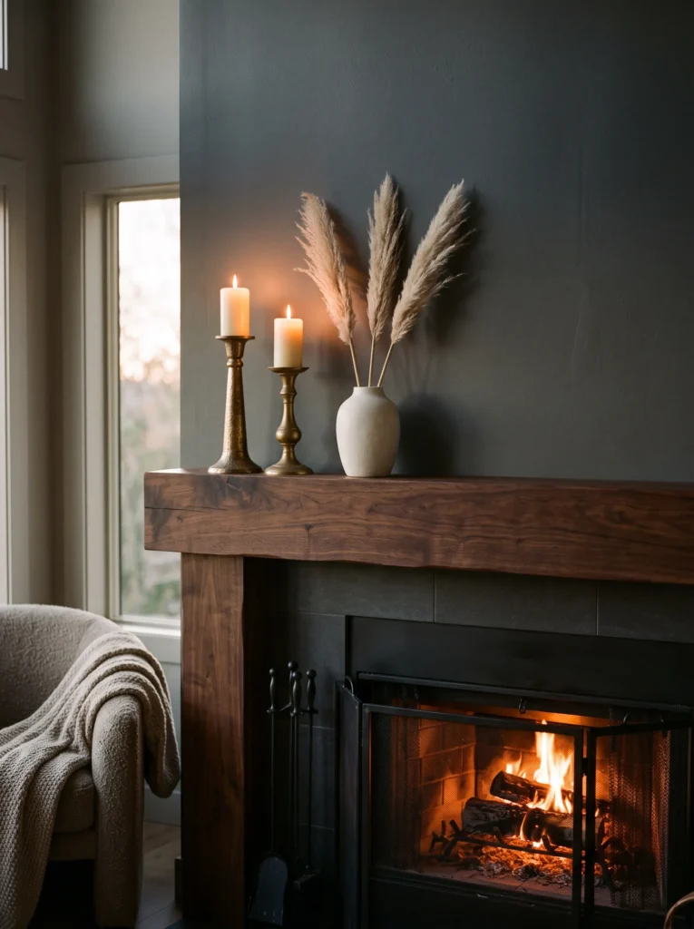Aged brass candlesticks and a bone-white vessel on a dark mantel