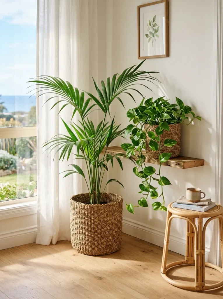 Botanical greenery corner with potted palm and trailing pothos plants