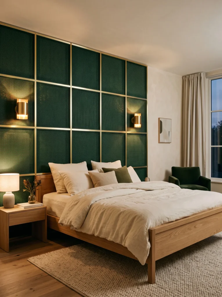 Bottle green stained cane wall in a brass-framed panel grid