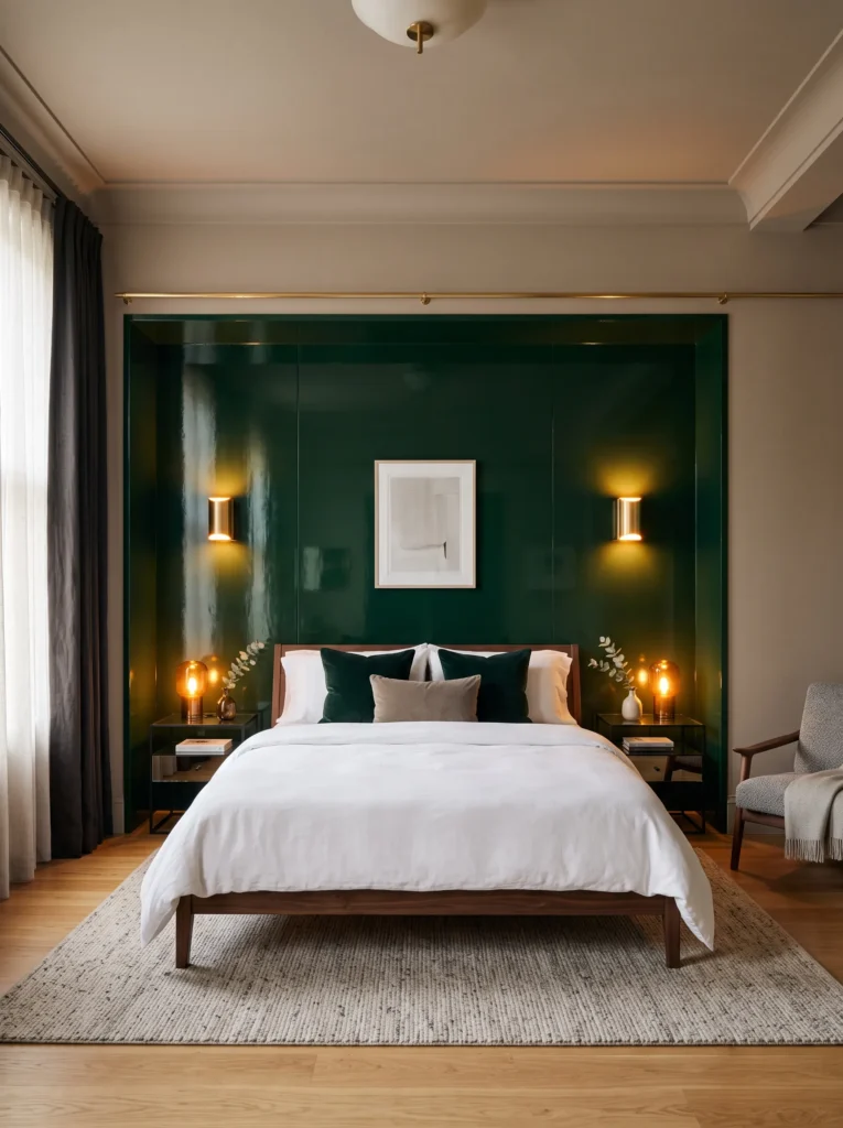 Bottle green lacquered headboard cove with brushed gold sconces