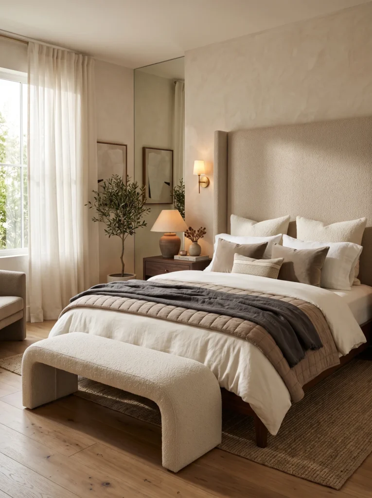  textured linen and wool throw layered on a boutique-style hotel bed