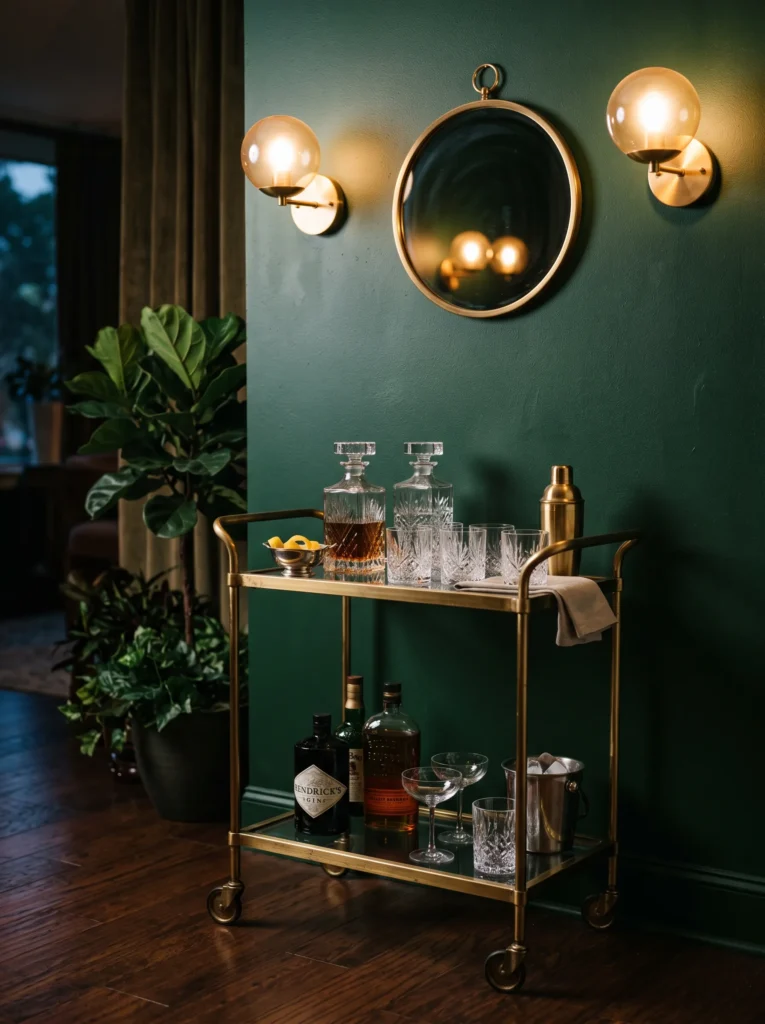 Brass bar cart with crystal decanters against a forest green wall