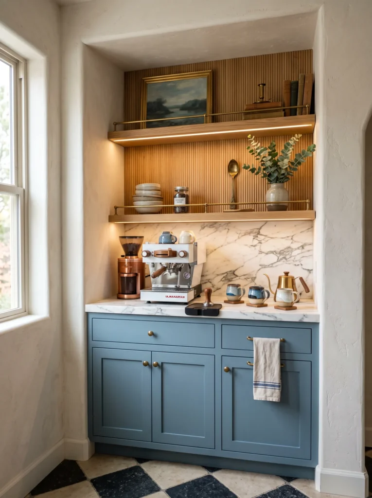 Modern boho kitchen decor built-in coffee nook with dusty blue cabinetry, marble countertop, and ribbed oak shelves.