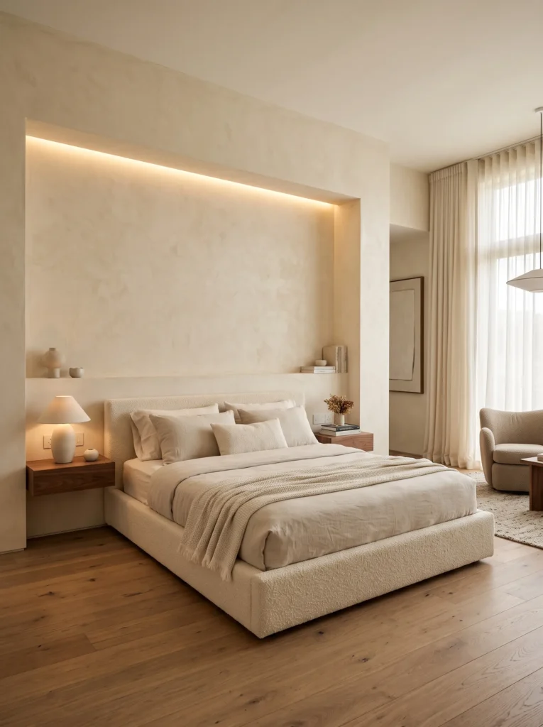 Recessed headboard niche with integrated warm LED strip lighting