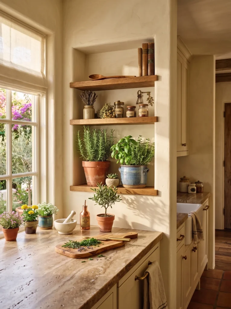 Small kitchen recessed wall niche with oak shelving, fresh rosemary, basil, and handmade ceramic planters.