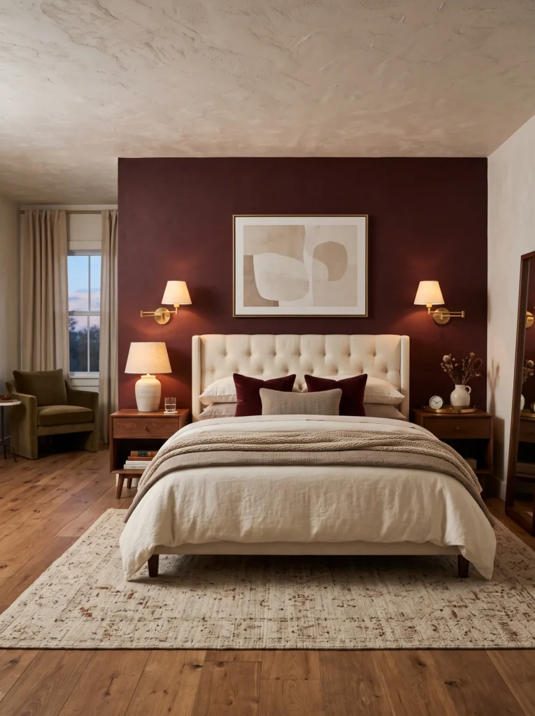 burgundy accent wall bedroom cream bedding