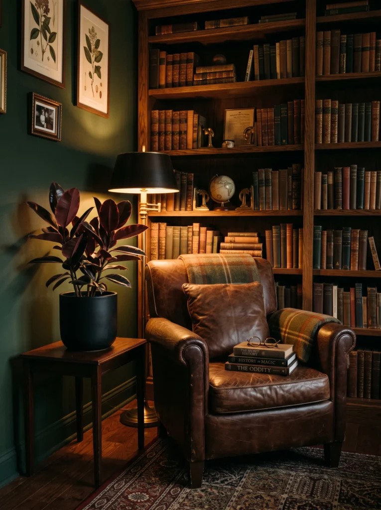Burgundy rubber plant with glossy maroon leaves in a dark academia reading nook