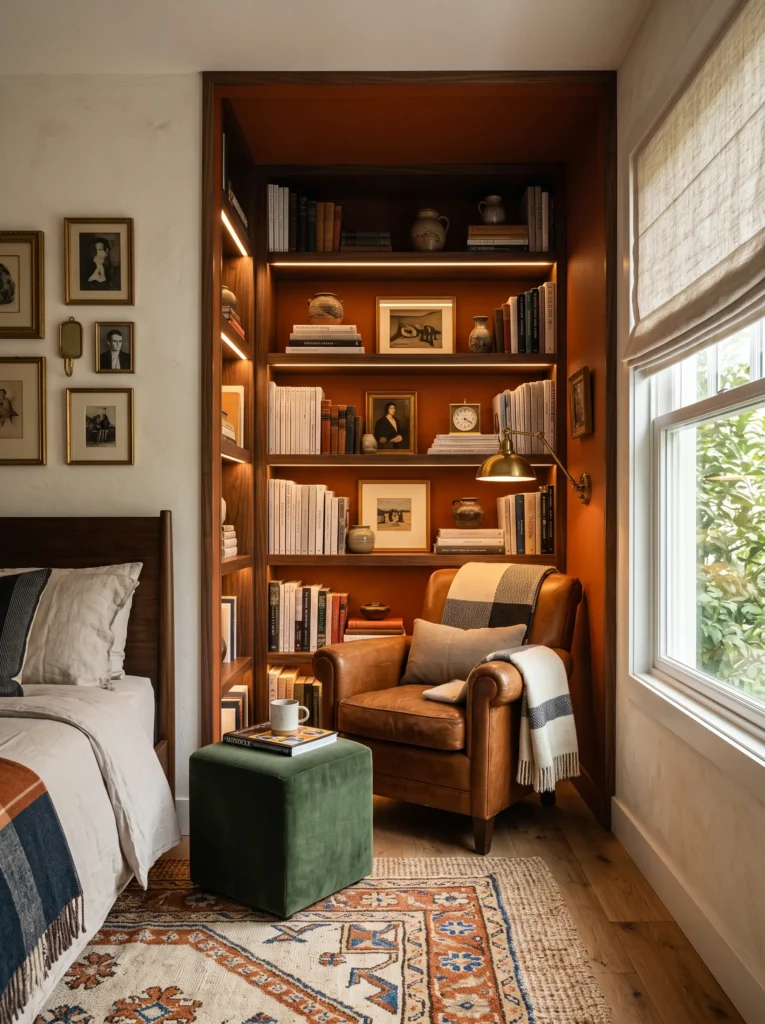 burnt orange built-in reading nook with walnut bookshelves and integrated LED lighting