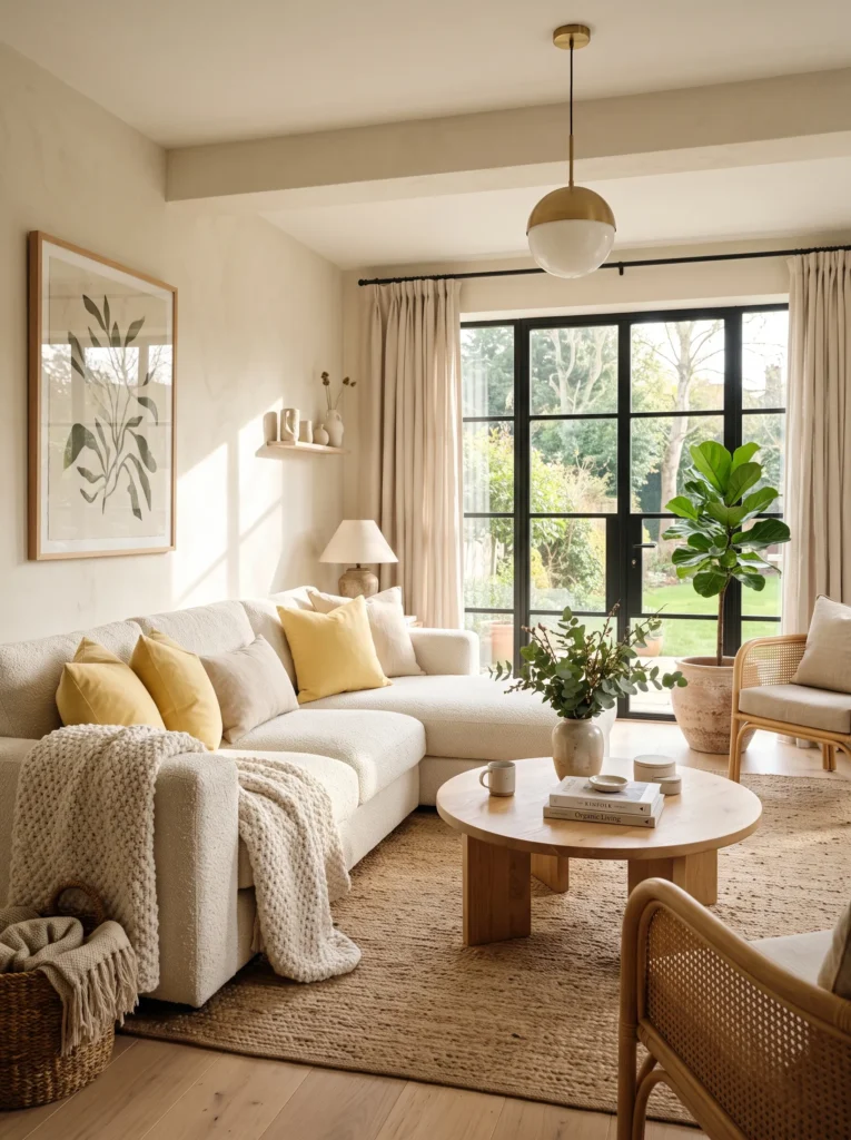 butter yellow accent pillows neutral living room