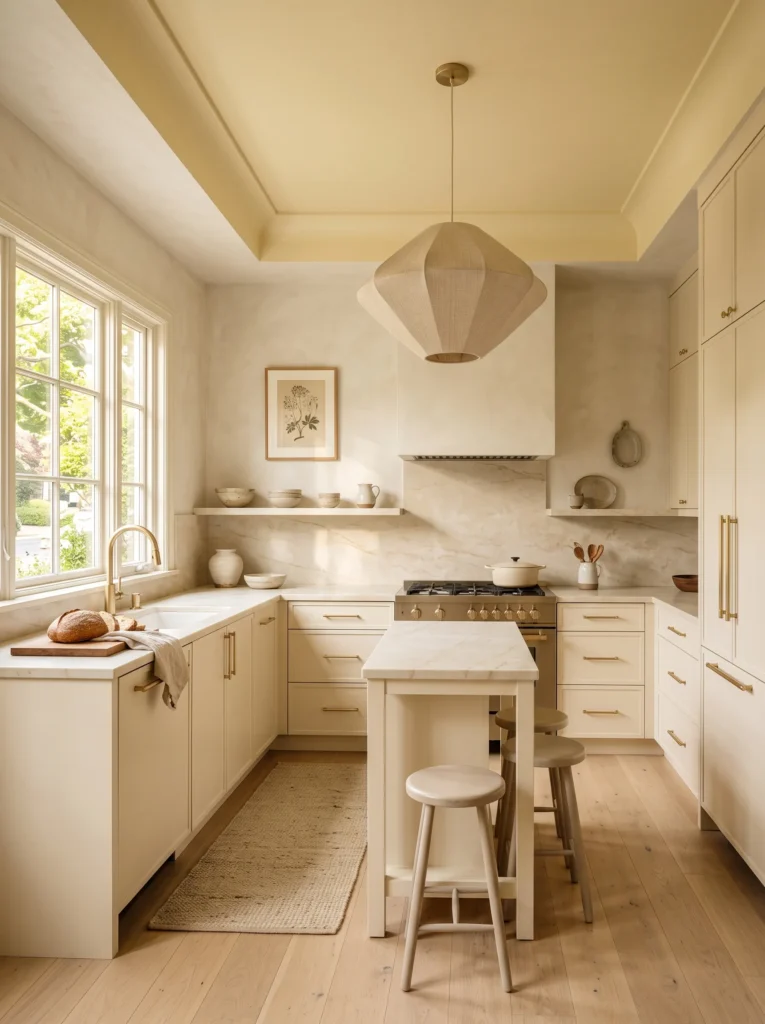 Compact European-inspired kitchen with soft butter yellow painted ceiling and ivory flat-panel cabinetry.