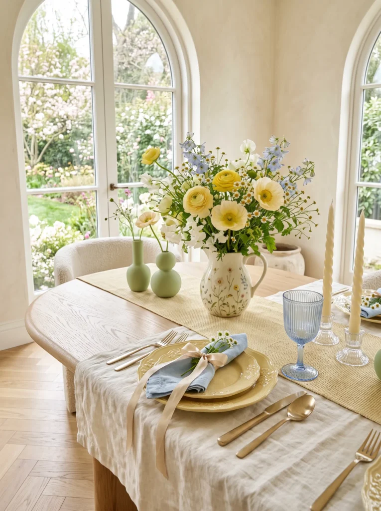 Butter yellow spring table setting with butter  yellow  ceramic plates and brass flatware