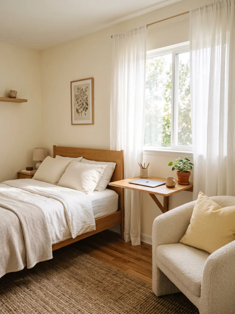 Pale butter-yellow cushion on a cream bouclé chair in a small bedroom