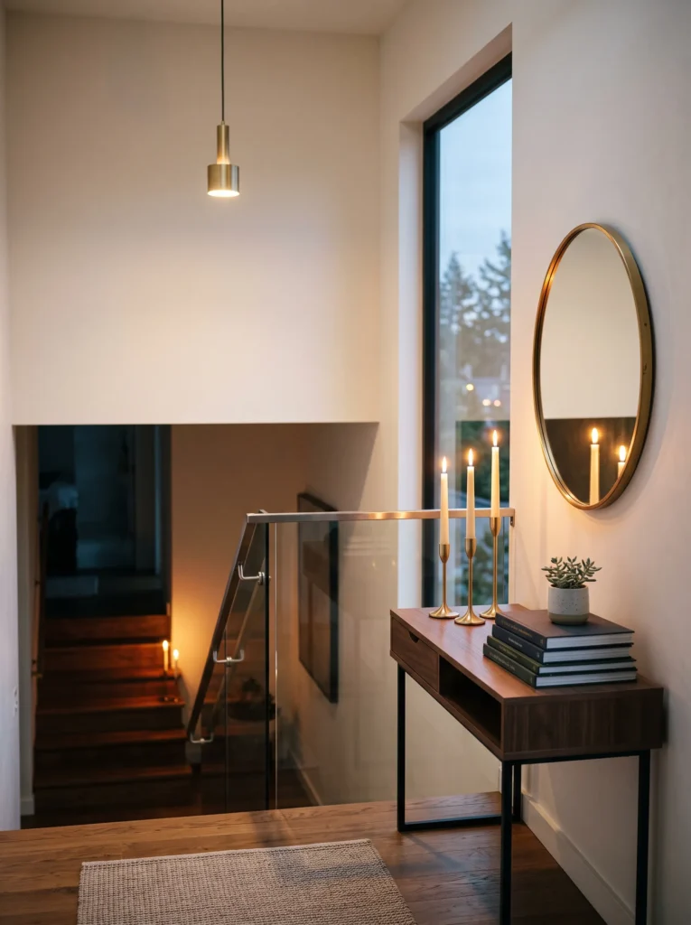 mismatched brass candlesticks and vintage mirror on stair landing