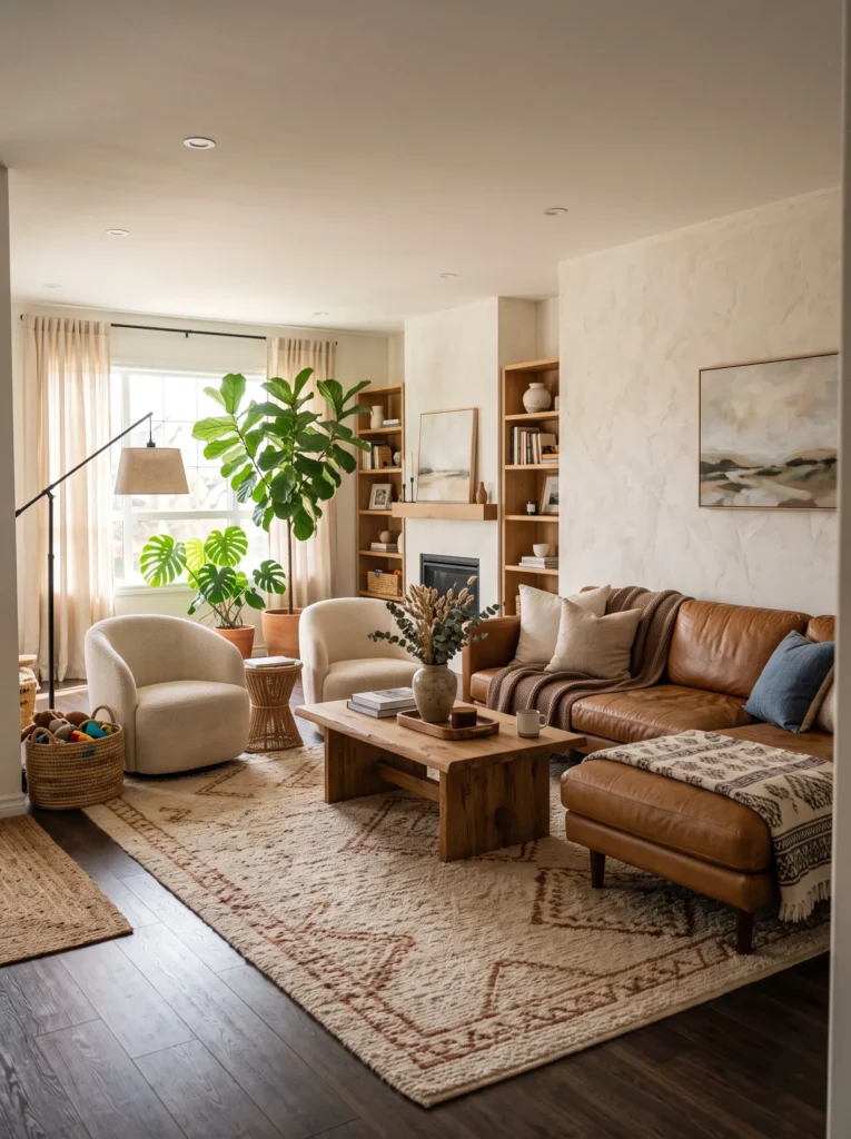 caramel leather lounge cozy family room