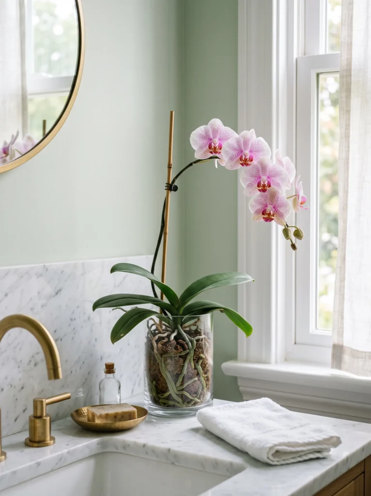 Phalaenopsis orchid with exposed roots in a clear glass vessel in a spa-like bathroom nook
