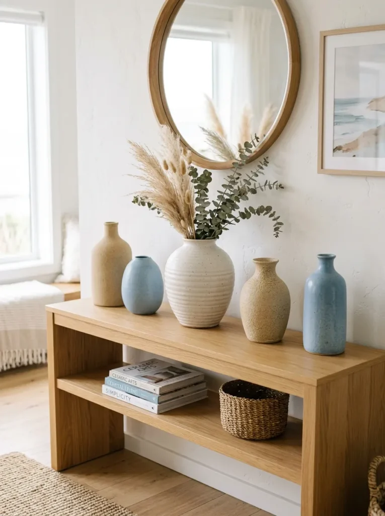Handmade ceramic vases in cream and blue tones styled on a console table