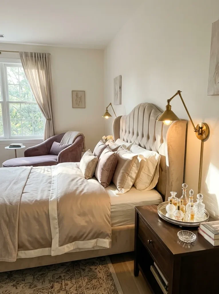 Champagne velvet boudoir bedroom with mauve chaise and vintage cut-glass perfume tray