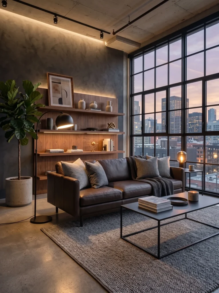  Charcoal accent wall in a masculine modern living room with leather sofa and wood accents