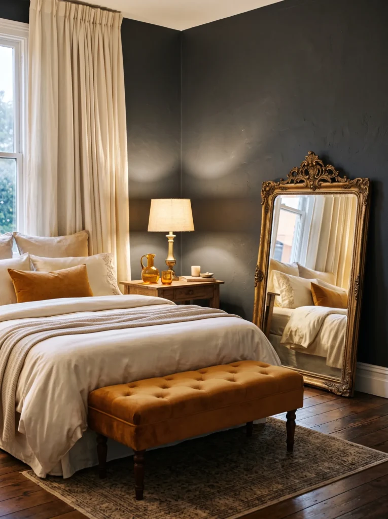Charcoal bedroom wall with a leaned antique gold vanity mirror