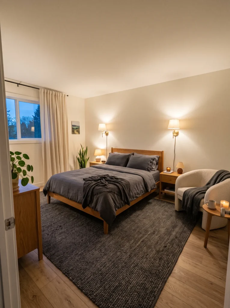 Charcoal rug and bedding styled against plain cream rental walls