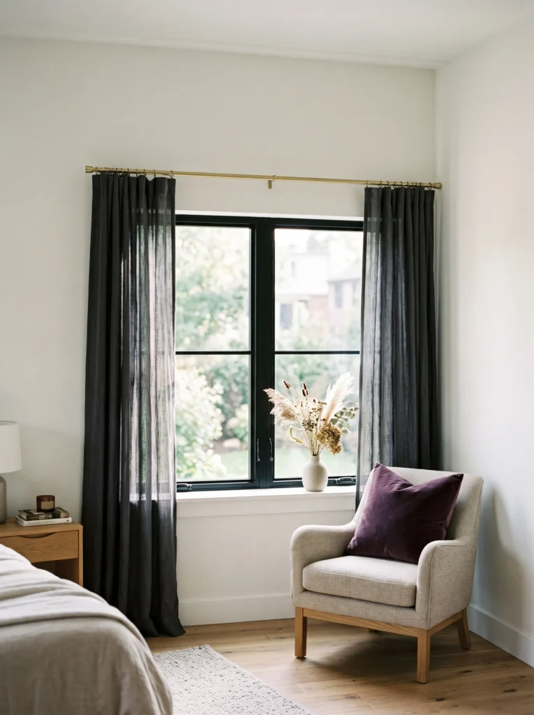 charcoal linen bedroom curtains on slim brass curtain rod