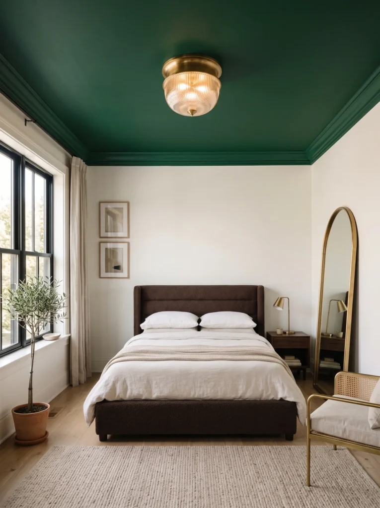  Charcoal-green painted ceiling with a brass flush-mount fixture