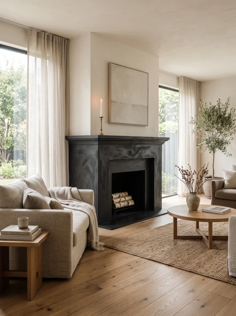 Charcoal limewash black painted fireplace in a sunlit minimalist living room