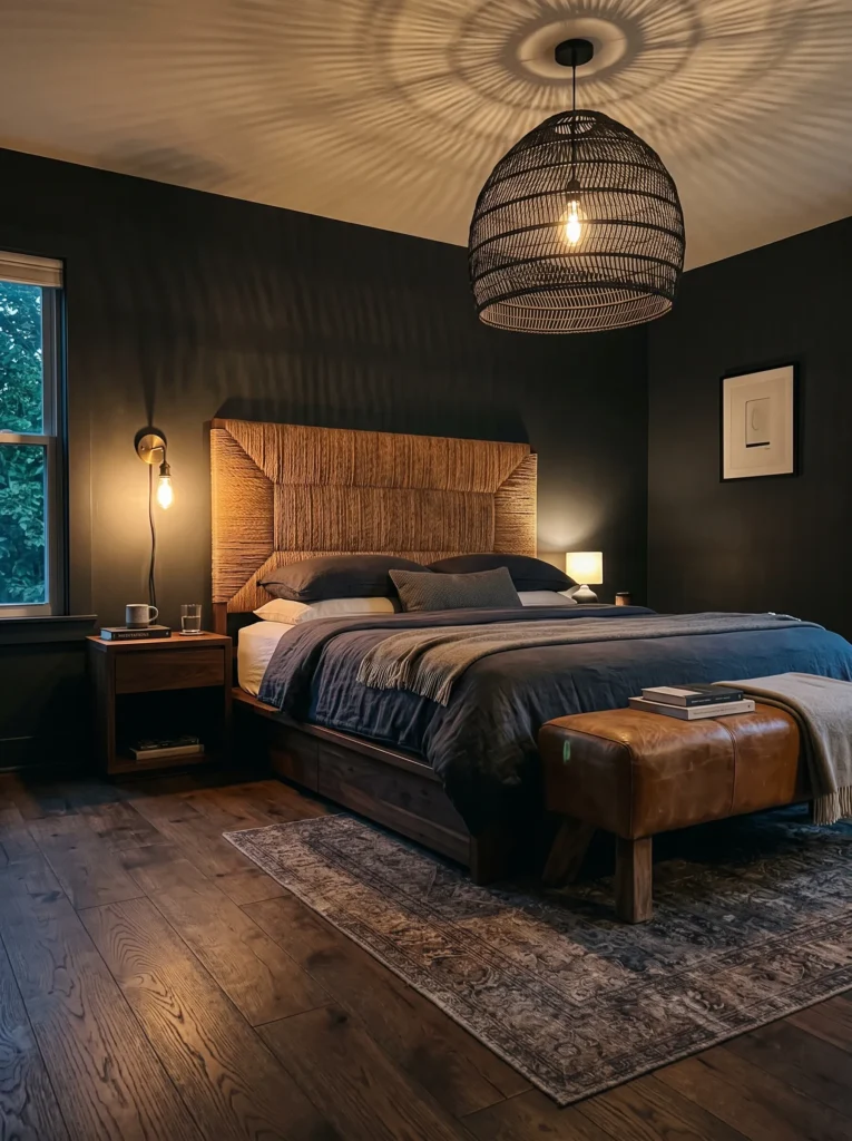 Charcoal-walled masculine boho bedroom with rattan headboard and camel leather bench