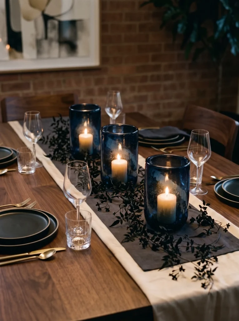 charcoal silk table runner layered over ivory linen with brass napkin rings