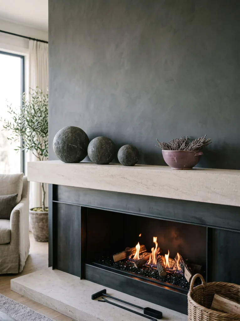 Charcoal stone spheres and a plum bowl of lavender on a mantel