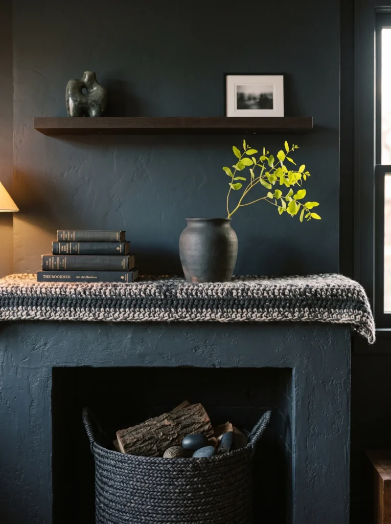 Charcoal woven basket filling a fireplace firebox