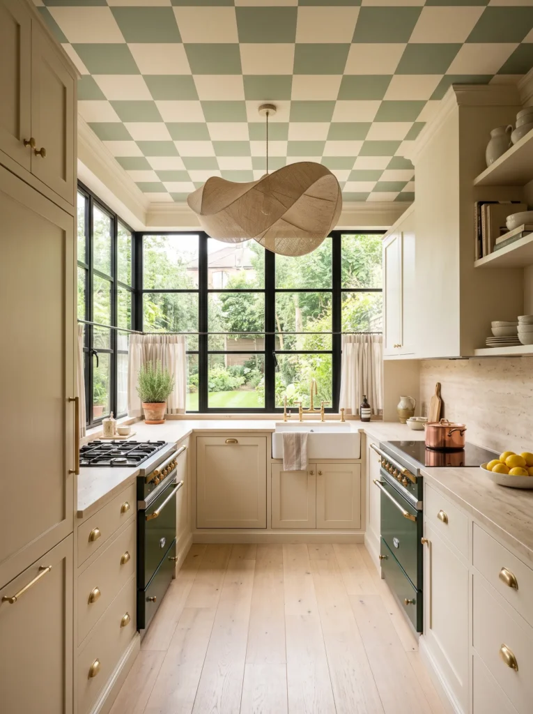  Modern small kitchen with dramatic midnight blue pantry wall, ivory cabinets, and fluted glass pantry door.
