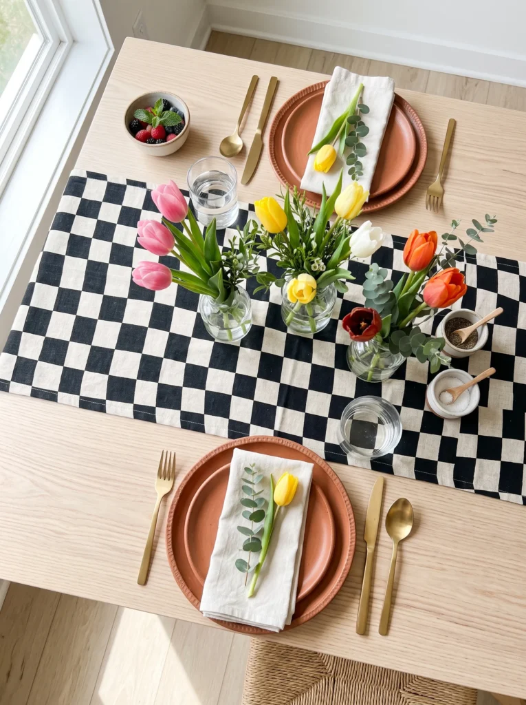 Black and cream checkerboard linen table runner styled with terracotta plates
