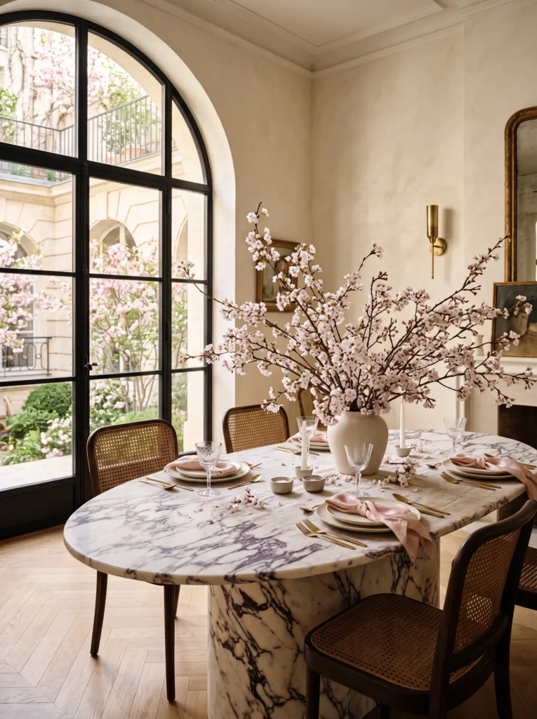 Cascading cherry blossom branches over a marble dining table centerpiece