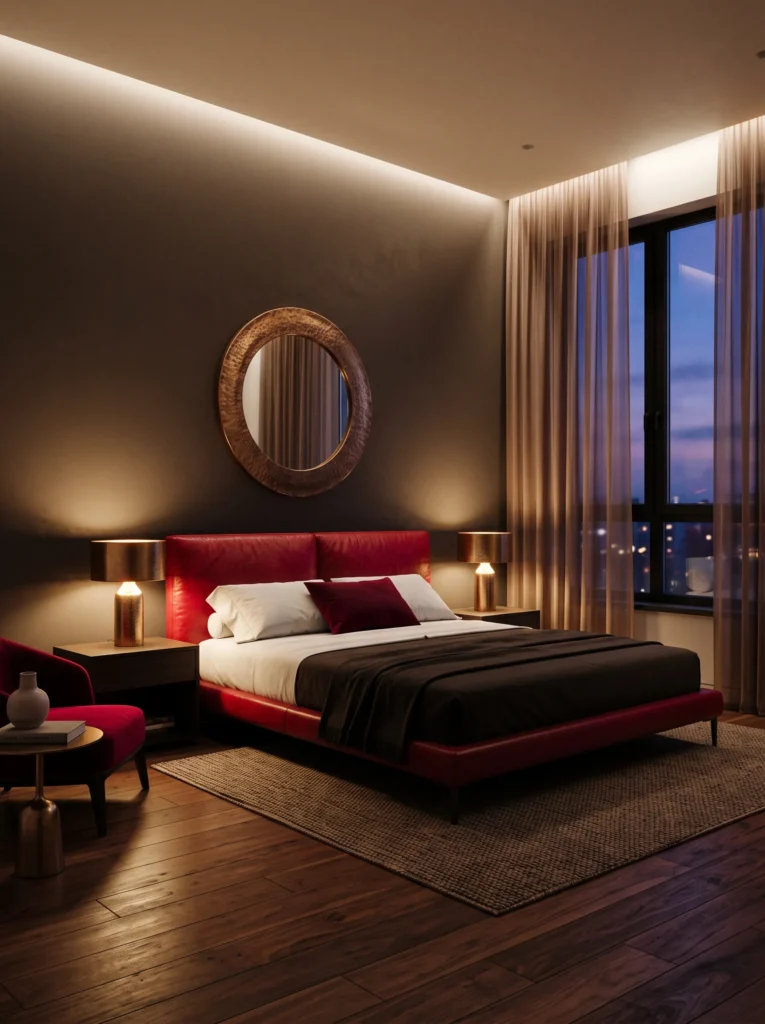  Cherry red leather headboard with bronze lamps and espresso flooring
