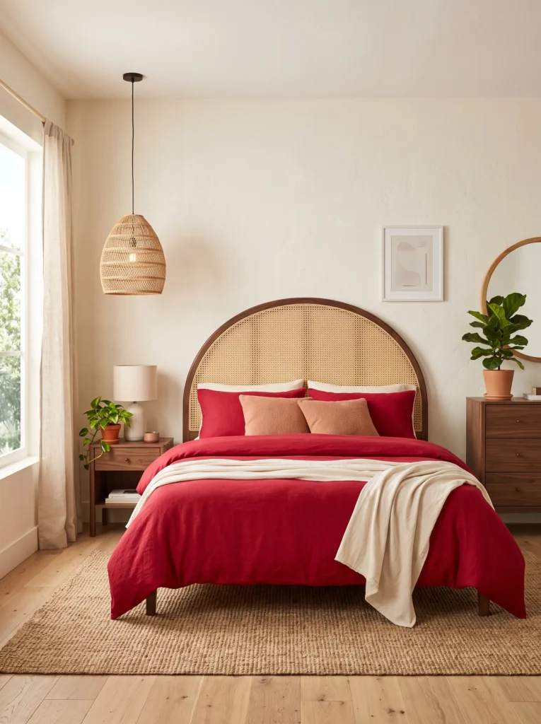 Arched cane headboard with cherry red bedding and walnut furniture
